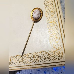 Vintage Angel Skin Coral CAMEO Hat Stick Pin Gold Paste Antique Brooch